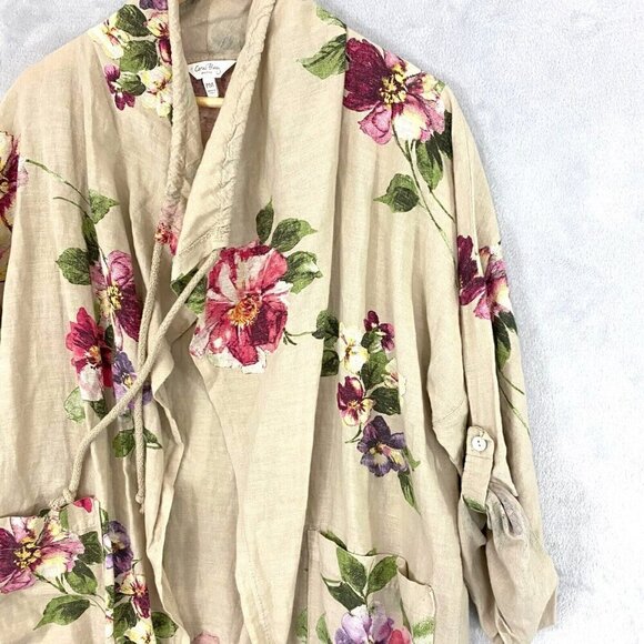Coral Bay Floral Oversized Linen Open Front Jacket PM Petite Medium Beach Beige - Picture 5 of 16